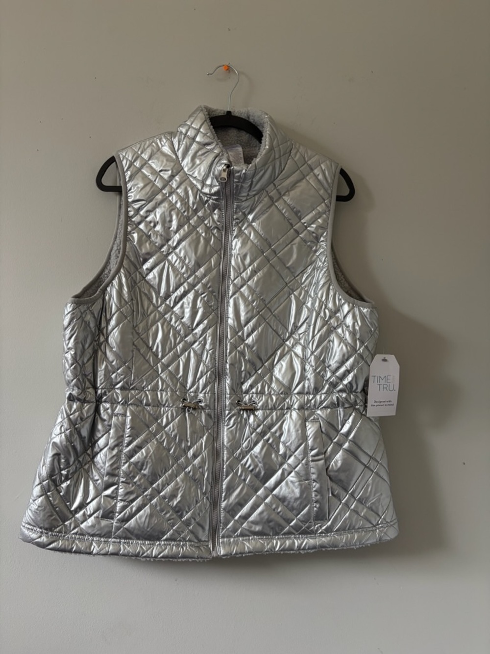 Time and Tru Metallic Silver Quilted Puffer Vest